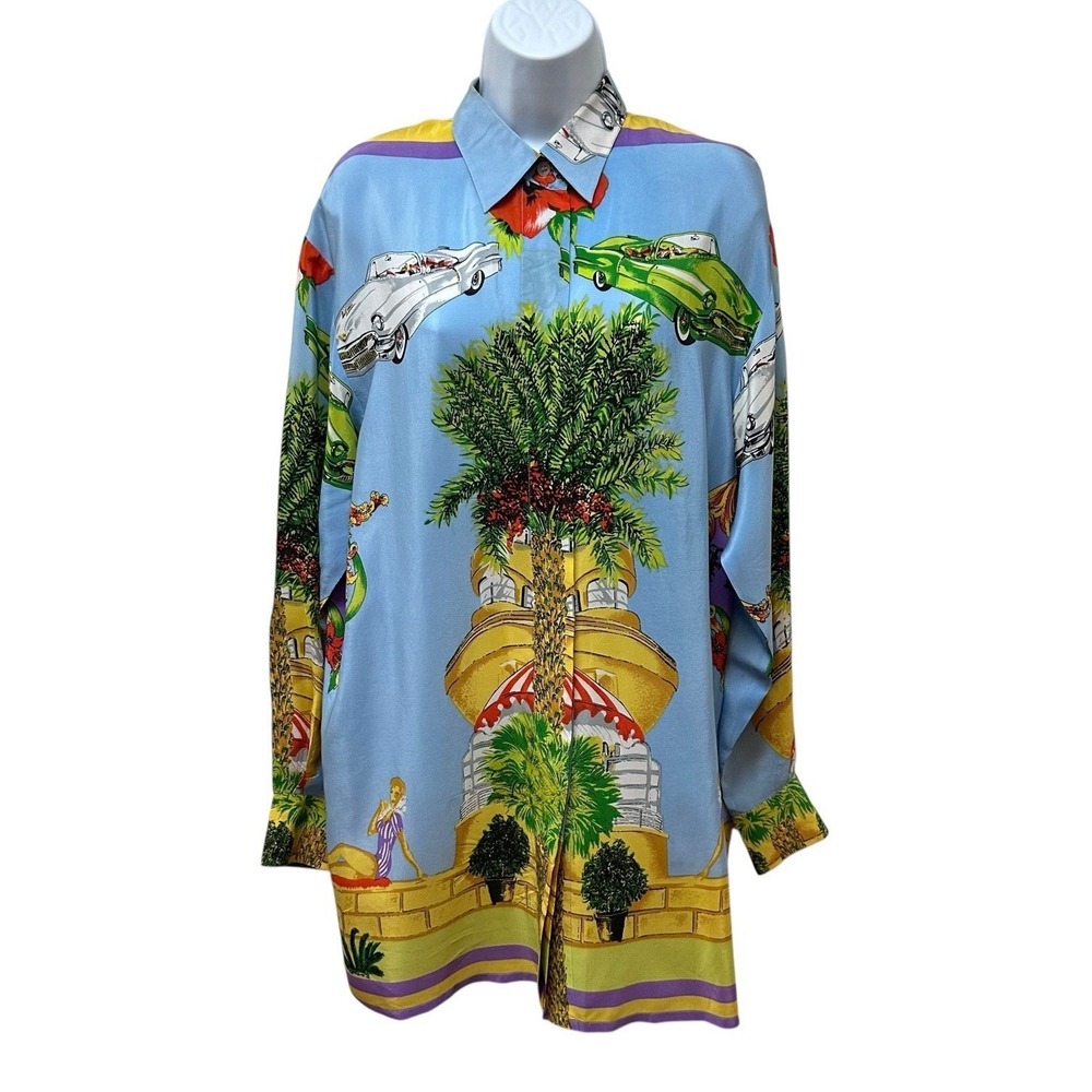 Vtg Cheap and Chic by Blondie & Me 100% Silk Tunic Top Pin up Cars Palm Tree S